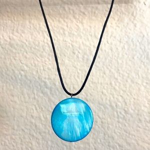 Turquoise blue round stone pendant with adjustable length black rope necklace